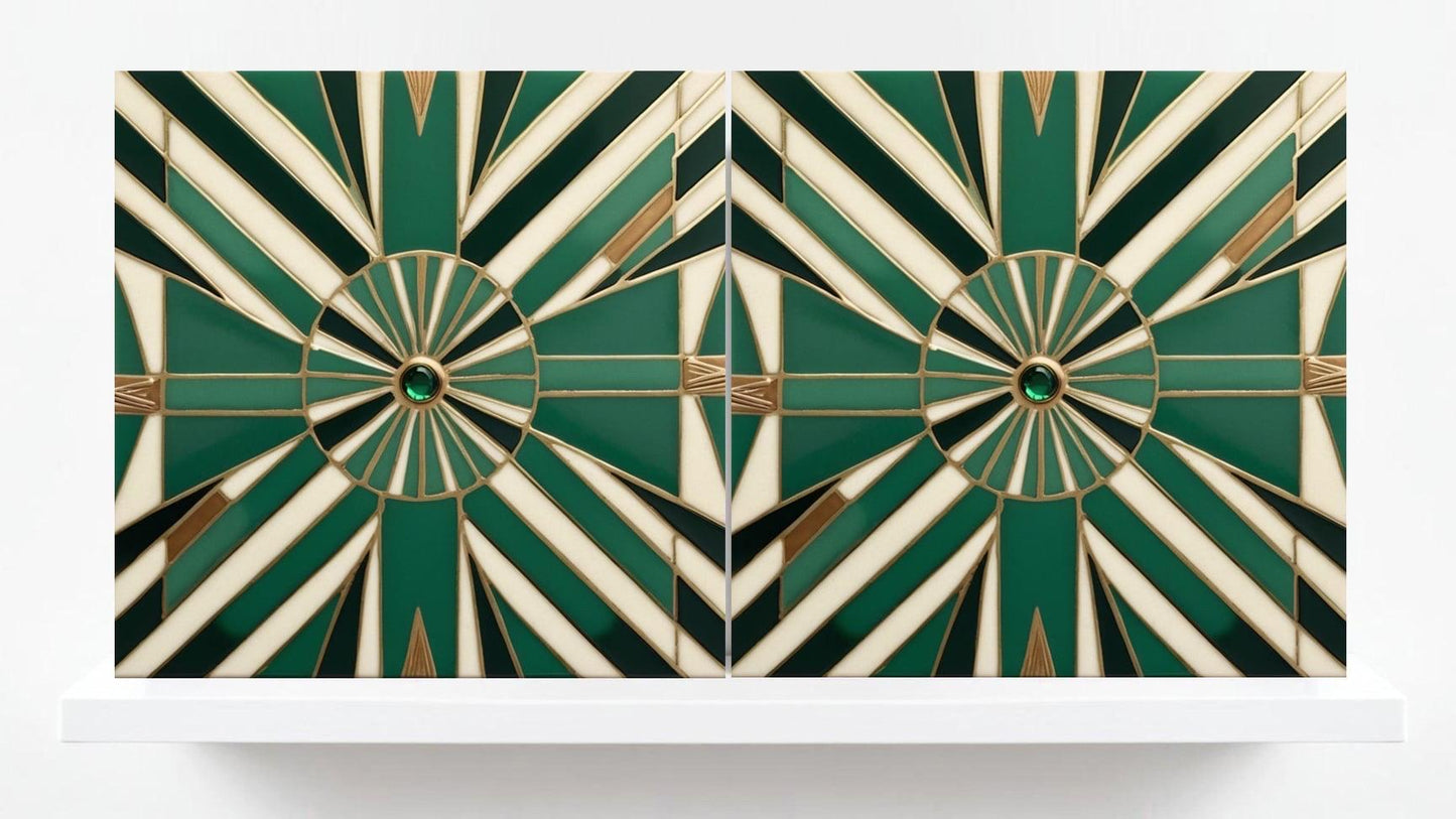 Art Deco Ceramic Tiles Green- Set of 2 Retro Wall Decor Geometric Tiles - Kitchen Backsplash Tiles,Shower, Bathroom Wall,Sink Splashback