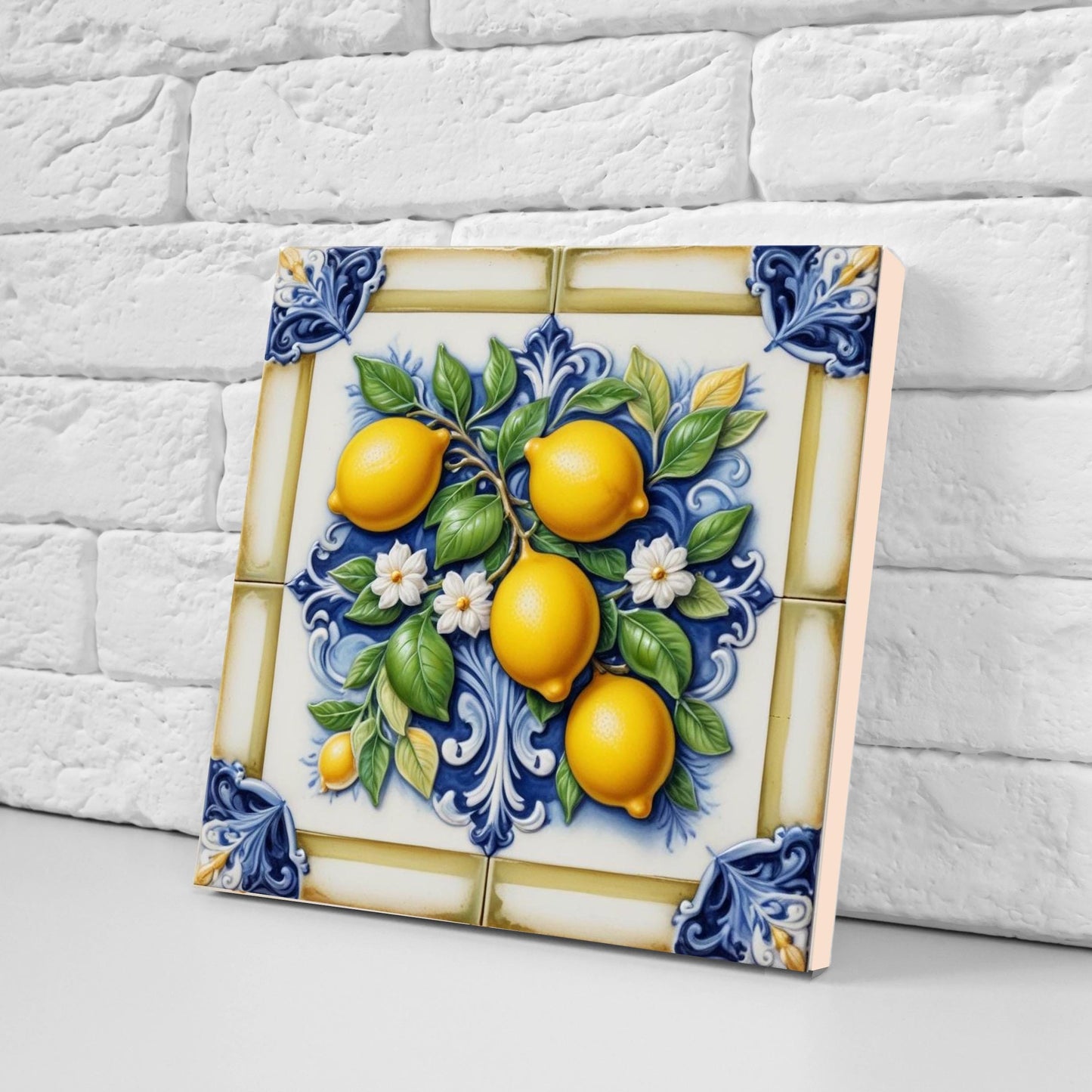 Italian Majolica Lemon Tiles - Set of 2 Mediterranean Wall Decor Tiles -Kitchen Backsplash,Bathroom,Shower Wall,Fireplace,Sink Splashback
