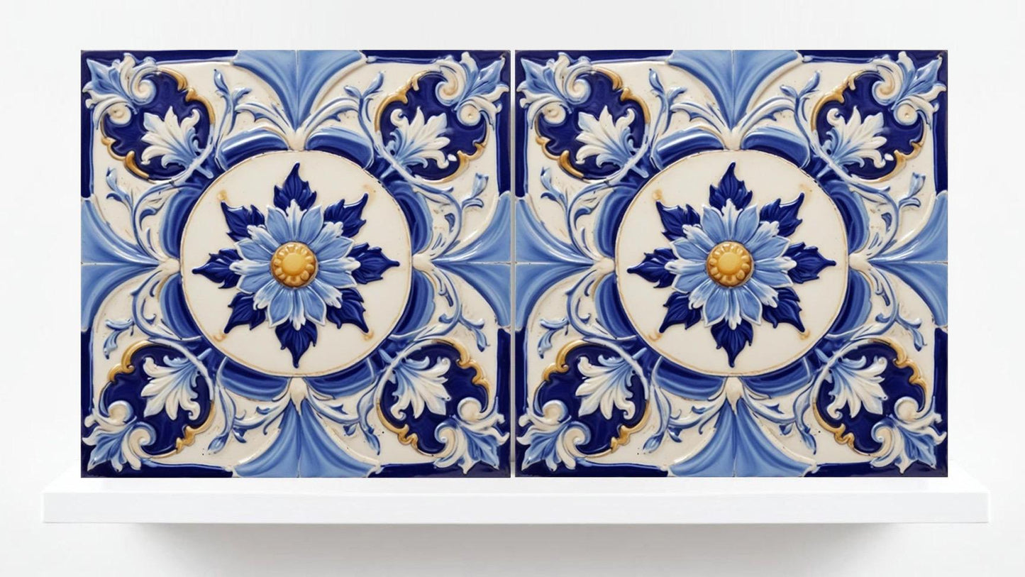 Italian Majolica Tiles Flower-Set of 2 Sicilian Wall Decor -Kitchen Backsplash,Sink Splashback,Bathroom,Shower Wall Art,Coaster,Fireplace