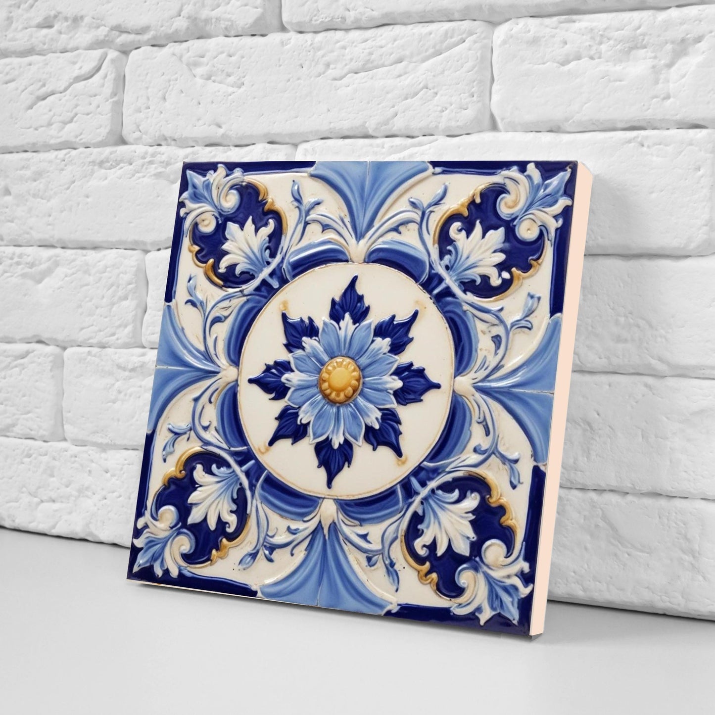 Italian Majolica Tiles Flower-Set of 2 Sicilian Wall Decor -Kitchen Backsplash,Sink Splashback,Bathroom,Shower Wall Art,Coaster,Fireplace