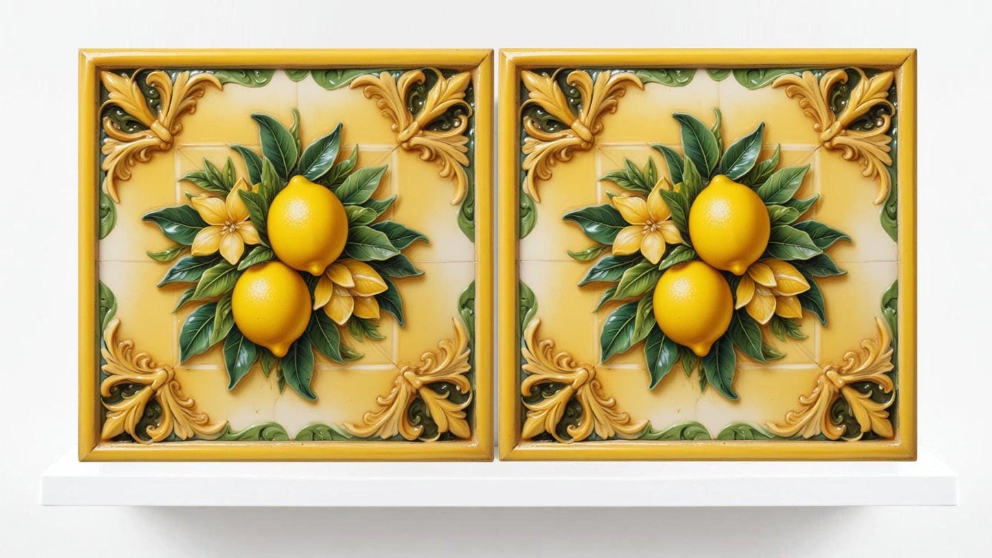 Italian Majolica Lemon Tiles-Set of 2 Fruit Wall Decor Print -Kitchen Backsplash Tiles, Shower,Bathroom,Fireplace, Sink Splashback,Fireplace