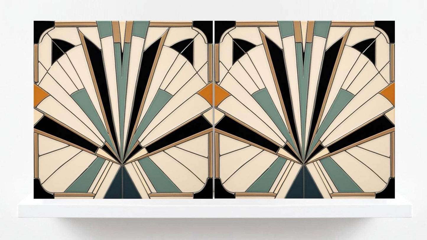 Art Deco Tile Backsplash - Set of 2 Retro Wall Decor Geometric Tiles - Kitchen, Bathroom, Sink Splashback,Shower Wall Art,Fireplace Tiles