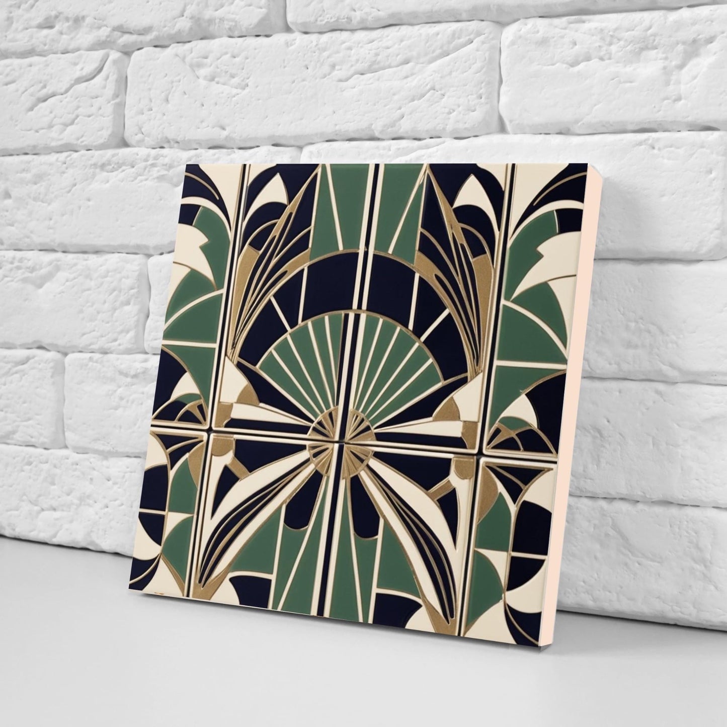 Art Deco Ceramic Tiles Green- Set of 2 Retro Wall Decor Geometric Print - Kitchen Backsplash Tiles,Shower, Bathroom Wall,Sink Splashback