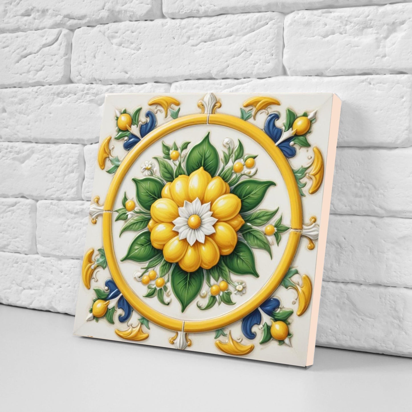 Italian Majolica Lemon Tiles - Set of 2 Mediterranean Wall Decor Tiles -Kitchen Backsplash,Bathroom, Shower Wall,Sink Splashback, Fireplace
