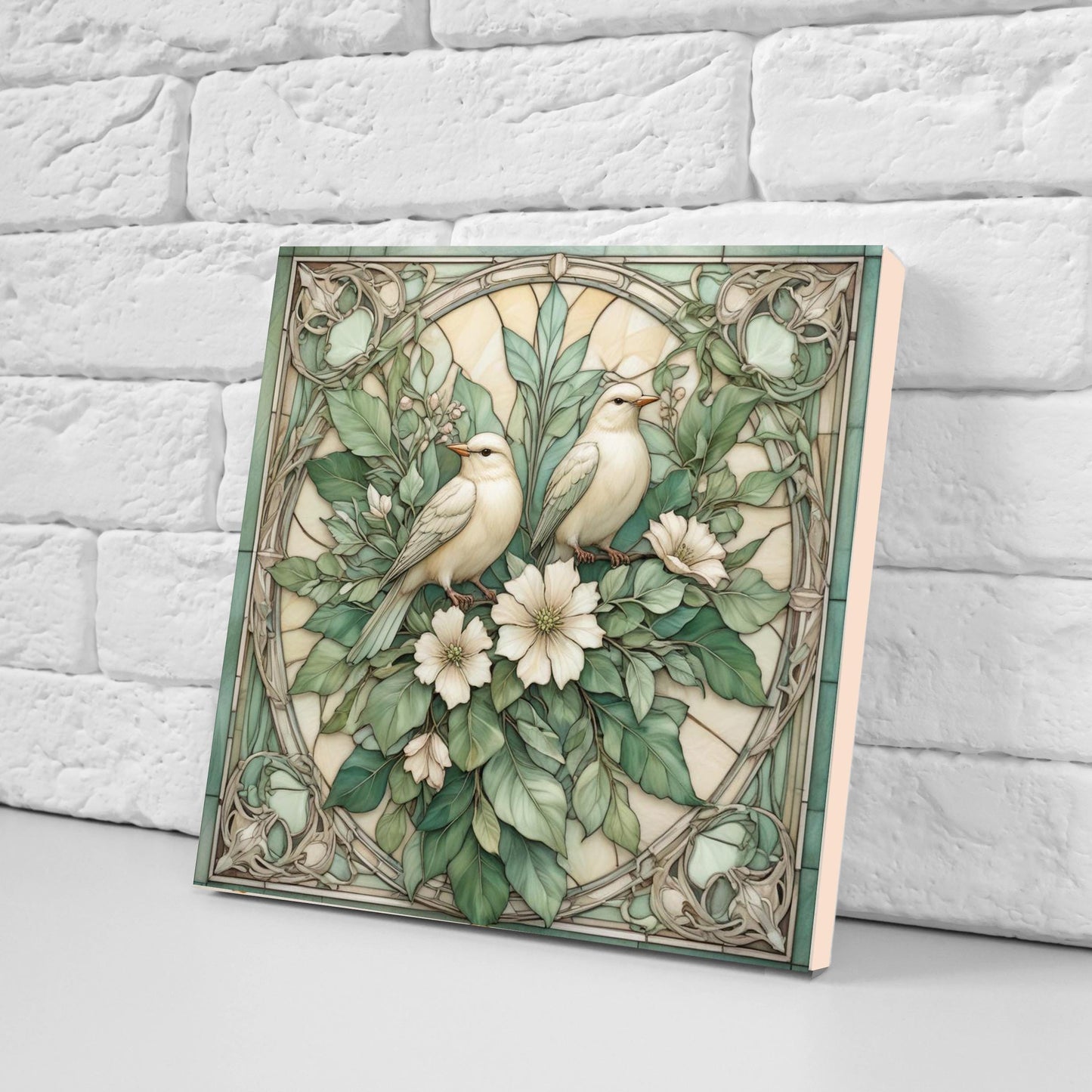 Art Nouveau Green Bird and Flower Ceramic tiles -Set of 2 Botanical Tiles Birds Wall Decor ,Birds Tiles -Kitchen Backsplash Tiles,Bathroom