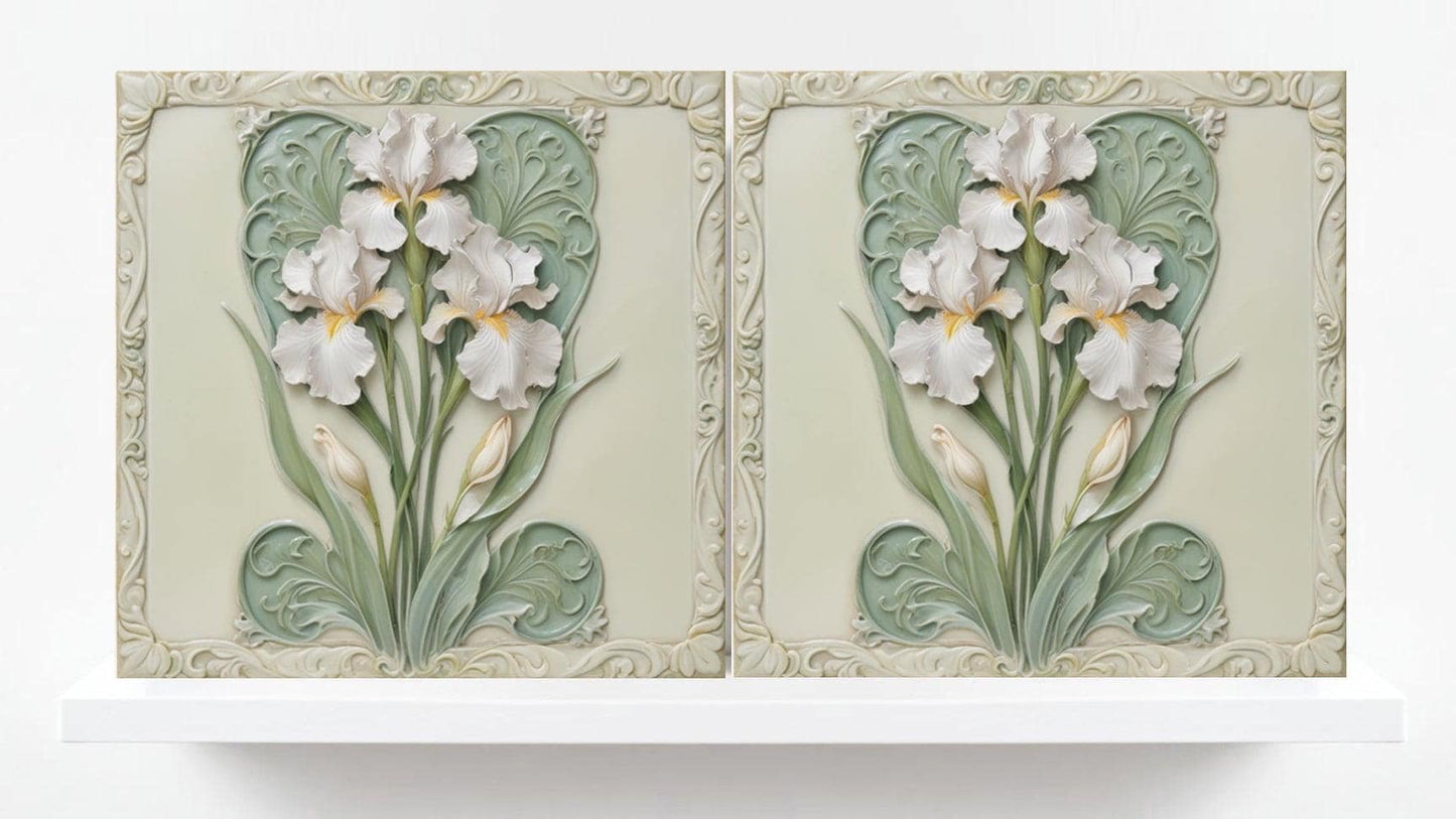 Art Nouveau Flower Ceramic tiles-Set of 2 Botanical Wall Decor-Iris Print,Kitchen Backsplash,Bathroom,Shower Decor,Sink Splashback,Fireplace