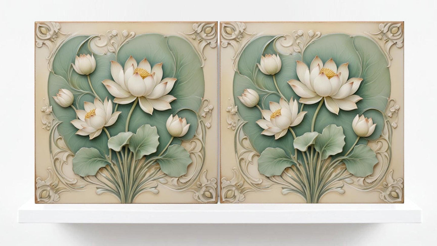 Lotus Tile Green Art Nouveau Flower Ceramic Tiles-Set of 2 Botanical Wall Decor Tiles - Kitchen Backsplash,Shower,Bathroom,Sink Splashback