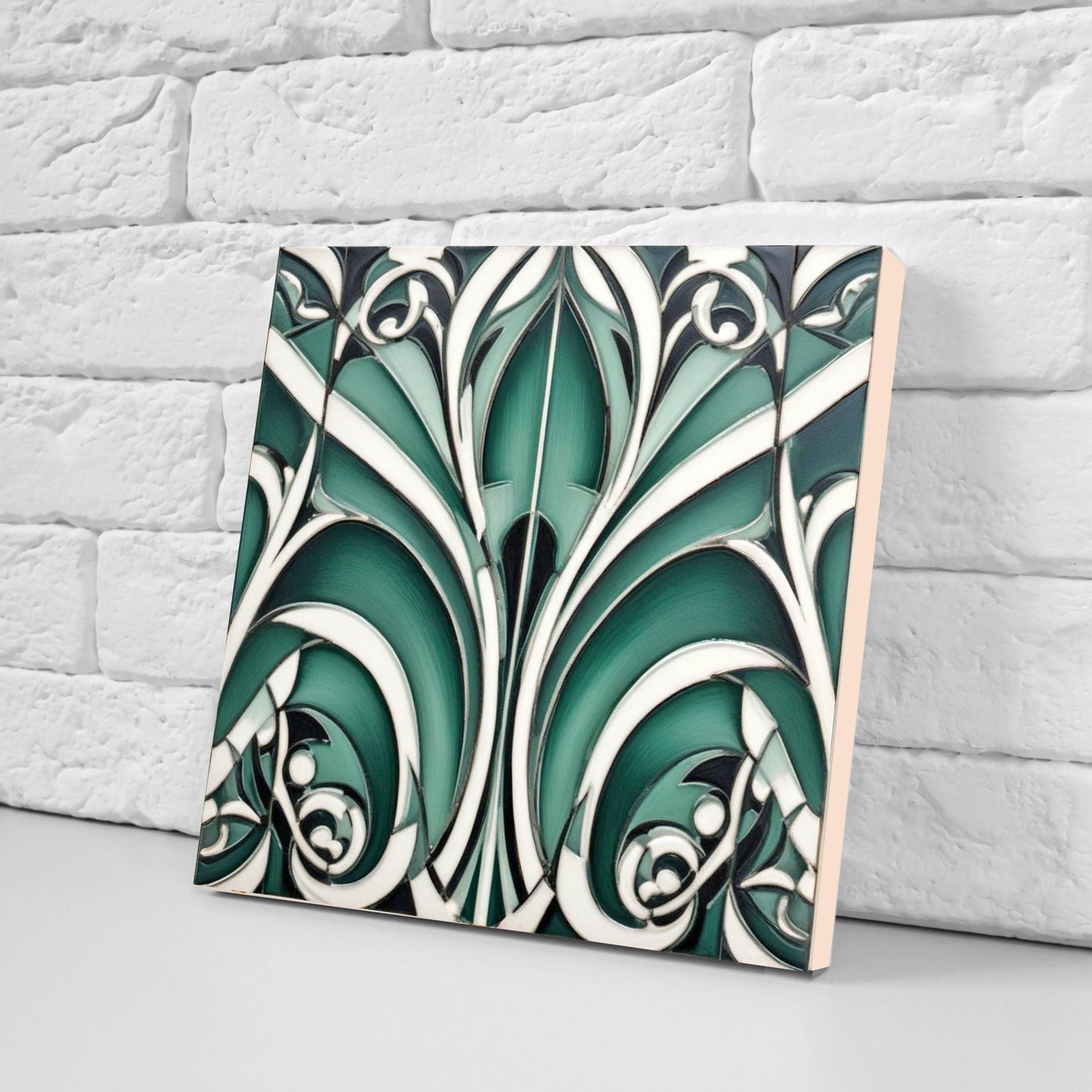 Art Deco Ceramic Tiles Green- Set of 2 Art Deco Wall Decor Geometric Tiles - Kitchen Backsplash Tiles,Table Decorative Tiles, Bathroom Tiles