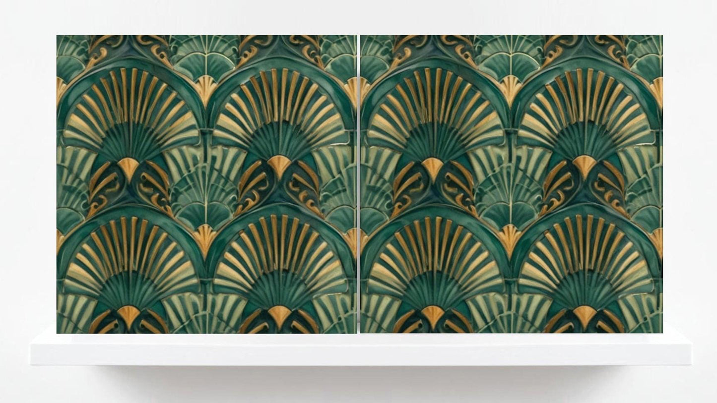 Art Deco Ceramic Tiles Green-Set of 2 Retro Wall Decor Geometric Tiles -Kitchen Backsplash,Shower,Bathroom Wall,Sink Splashback,Fireplace