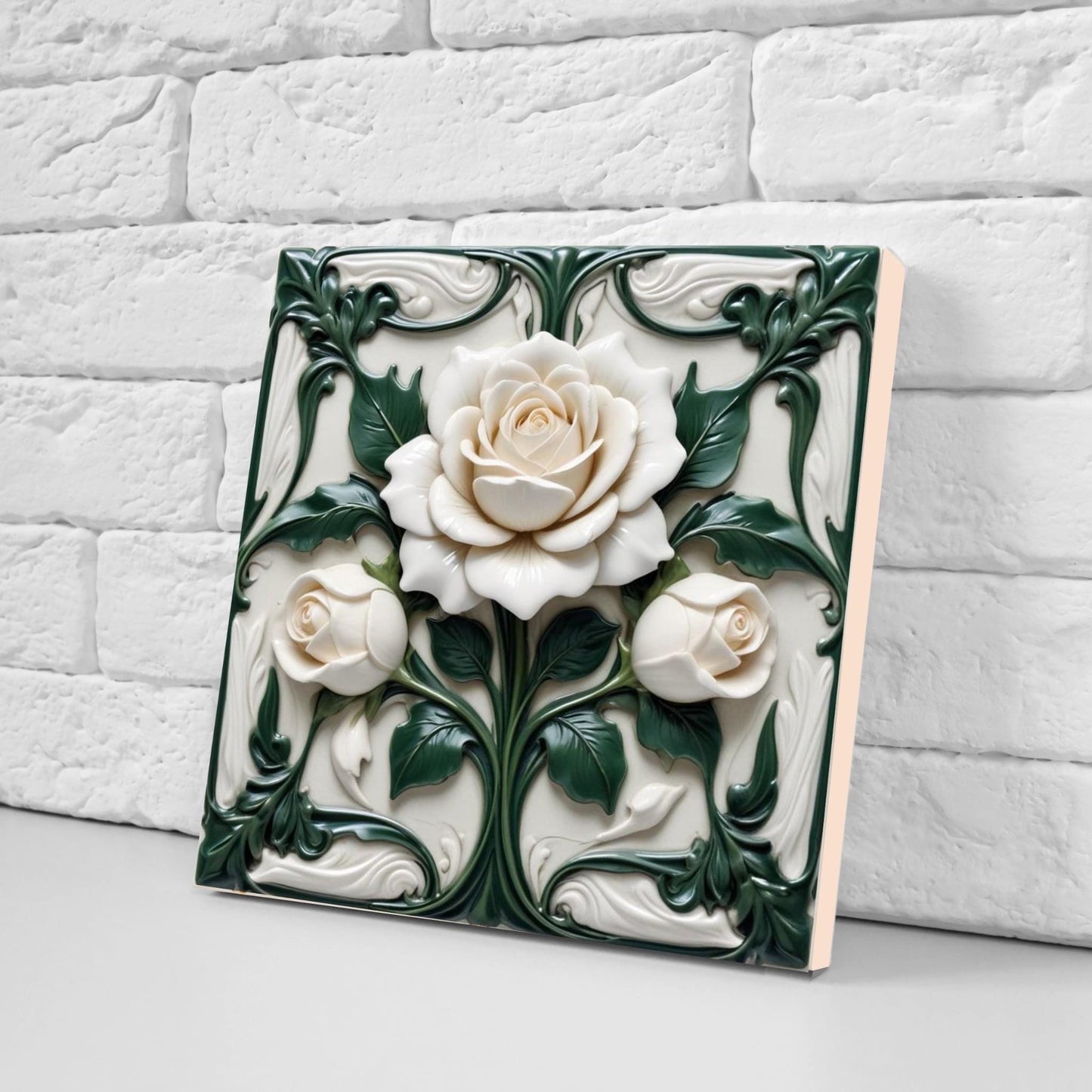 Rose Tile Art Nouveau Flower Ceramic Tiles - Set of 2 Botanical Wall Decor Print -Kitchen Backsplash,Bathroom,Shower Wall,Sink Splashback