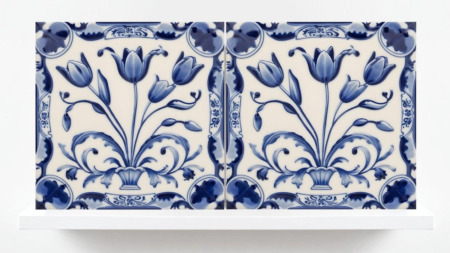 Delft Tulip Tile - Delft Blue Tile - Set of 2 Ceramic Delftware Tiles- Flower Tiles - Delft Prints Wall - Kitchen Backsplash, Sink,Bathroom