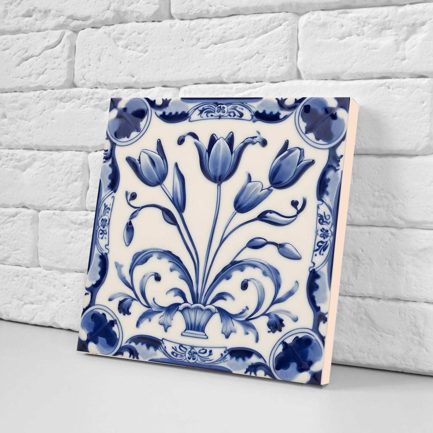 Delft Tulip Tile - Delft Blue Tile - Set of 2 Ceramic Delftware Tiles- Flower Tiles - Delft Prints Wall - Kitchen Backsplash, Sink,Bathroom
