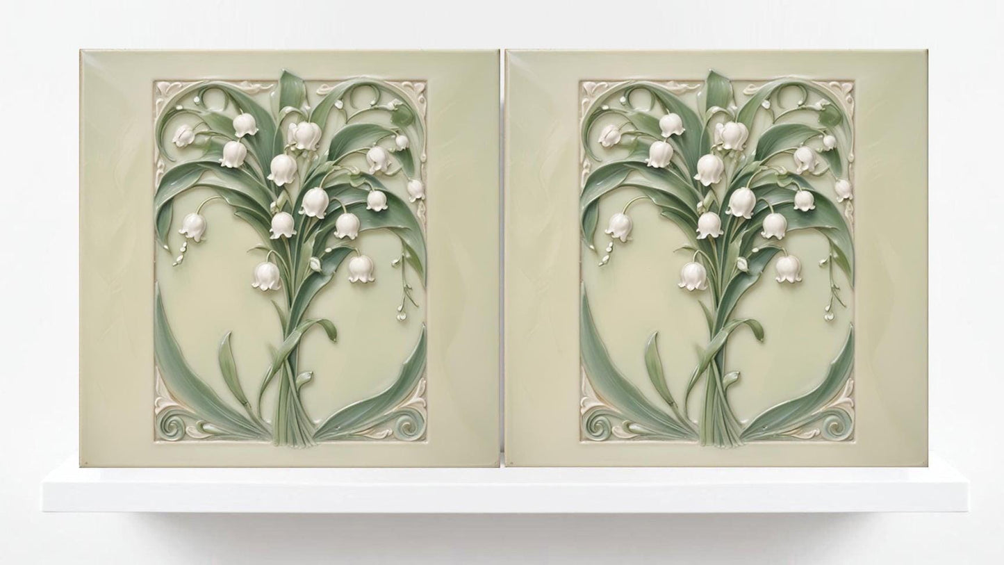 Lily of the Valley Tile Flower Ceramic Tiles - Set of 2 Art Nouveau Wall Decor, Kitchen Backsplash ,Shower, Bathroom Wall ,Sink Splashback