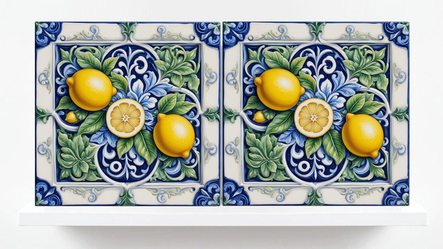 Italian Majolica Lemon Fruit Tiles - Set of 2 Mediterranean Wall Art Decor-Kitchen Backsplash,Bathroom,Shower Wall,Fireplace,Sink Splashback