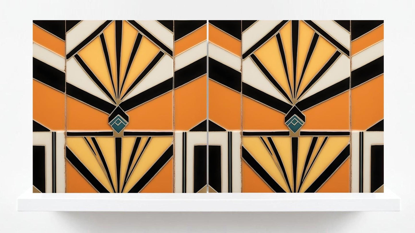 Art Deco Tile Backsplash - Set of 2 Retro Wall Decor Geometric Tiles - Kitchen, Bathroom, Sink Splashback,Shower Wall Art,Fireplace Tiles