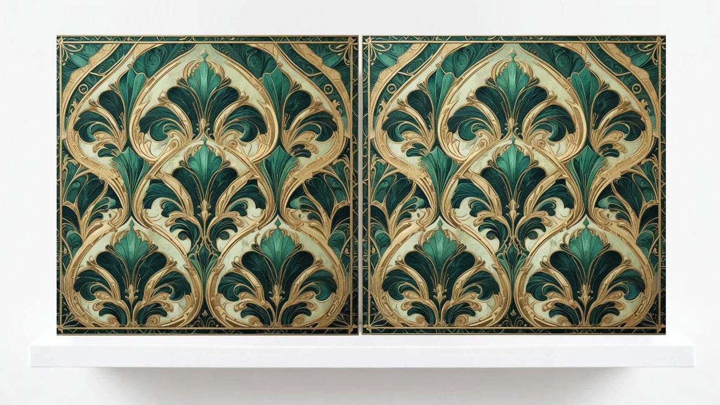 Art Deco Ceramic Tiles Green-Set of 2 Art Deco Wall Decor Geometric Tiles -Kitchen Backsplash,Shower,Bathroom Wall,Sink Splashback,Fireplace