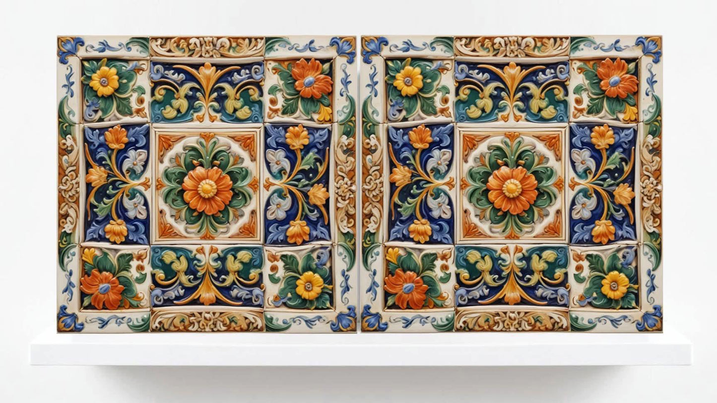 Italian Majolica Tiles - Set of 2 Sicilian Wall Decor Tile - Kitchen Backsplash, Sink Splashback,Bathroom,Shower Wall Art,Fireplace,Coaster