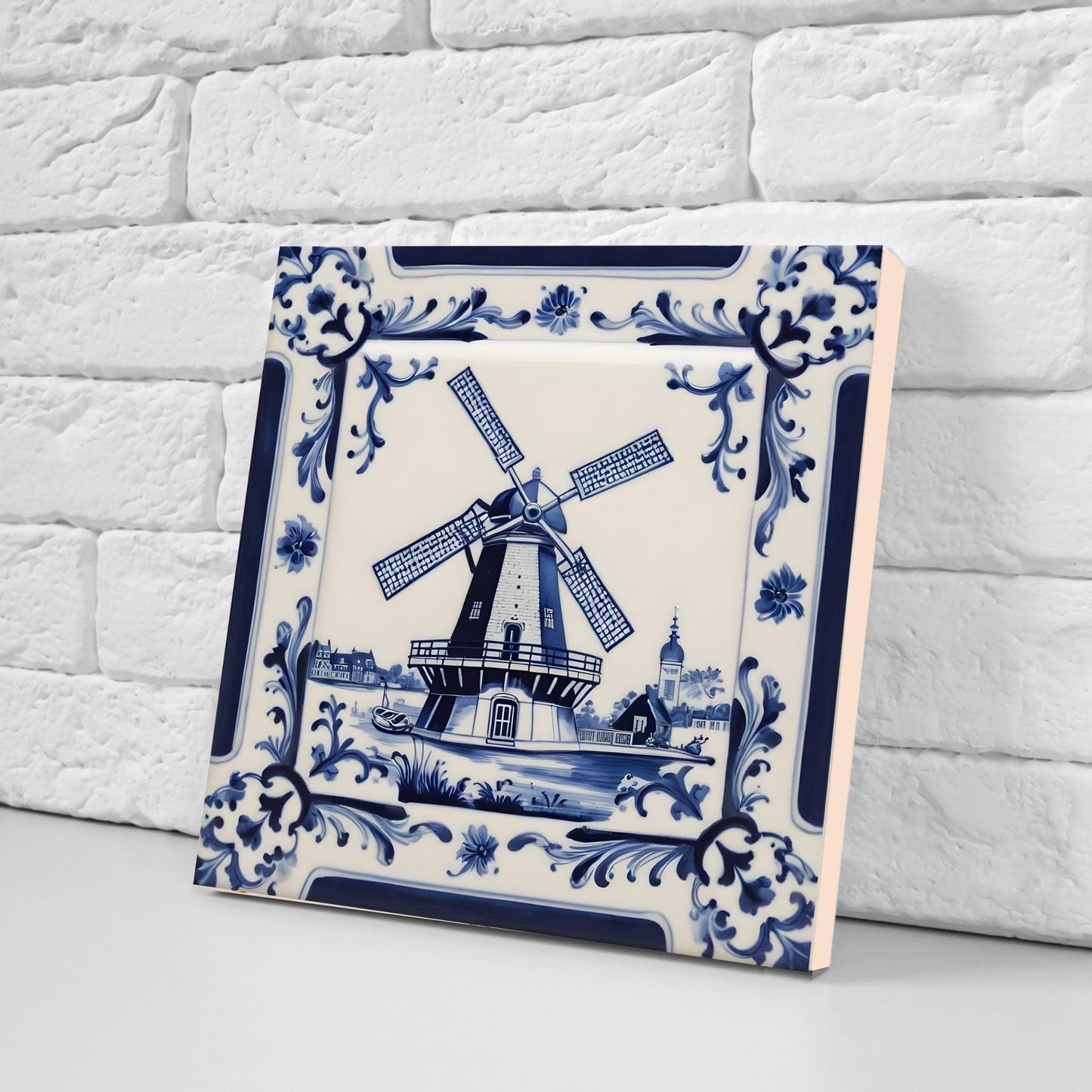 Delft Windmill Blue Ceramic Tile - Set of 2 Delftware Tiles-Delft Blue Ceramic Windmills - Delft Prints- Kitchen Backsplash,Sink,Bathroom
