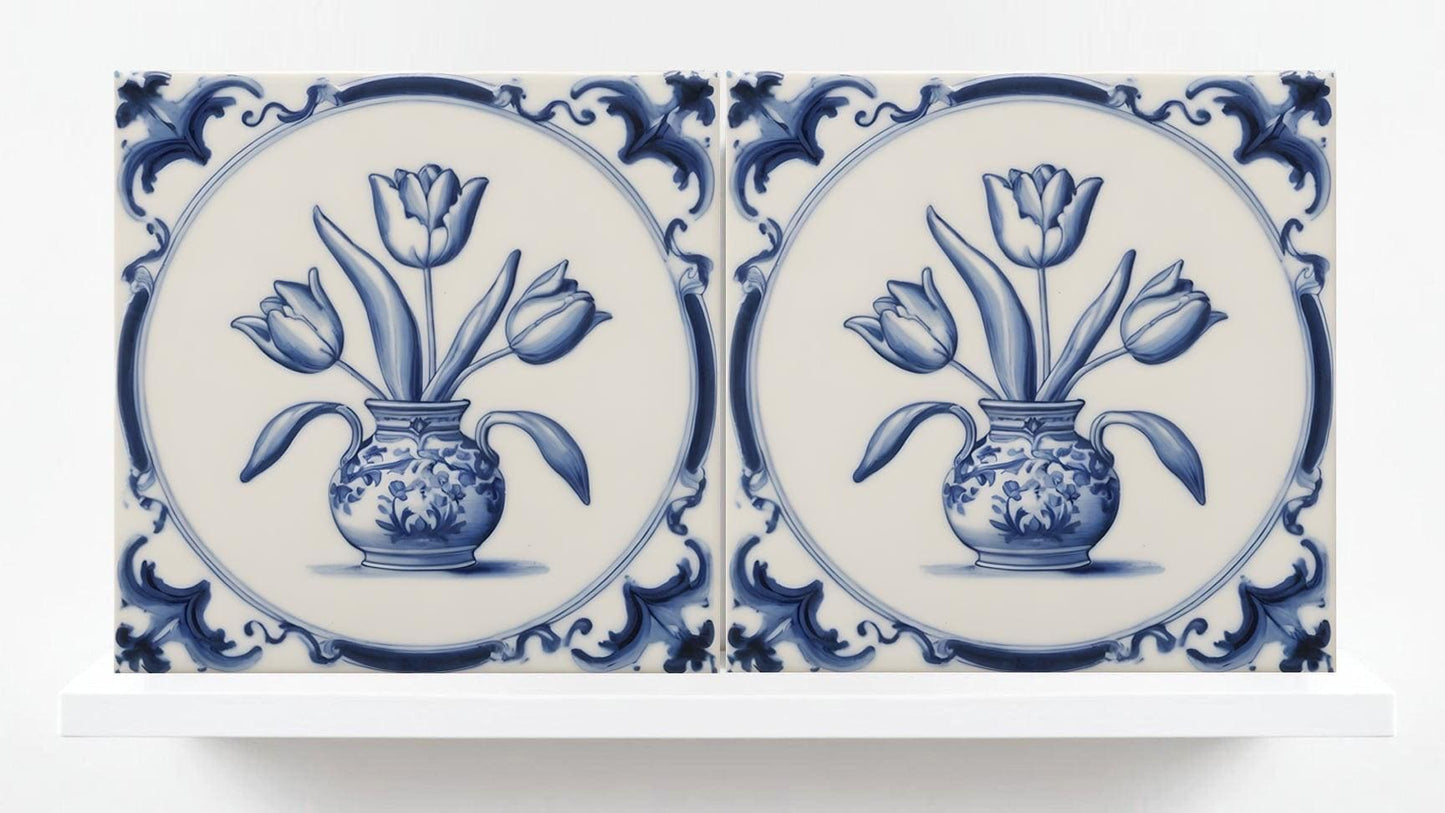 Delft Tulip Tile - Delft Blue Tile - Set of 2 Ceramic Delftware Tiles- Flower Tiles - Delft Prints Wall - Kitchen Backsplash, Sink,Bathroom