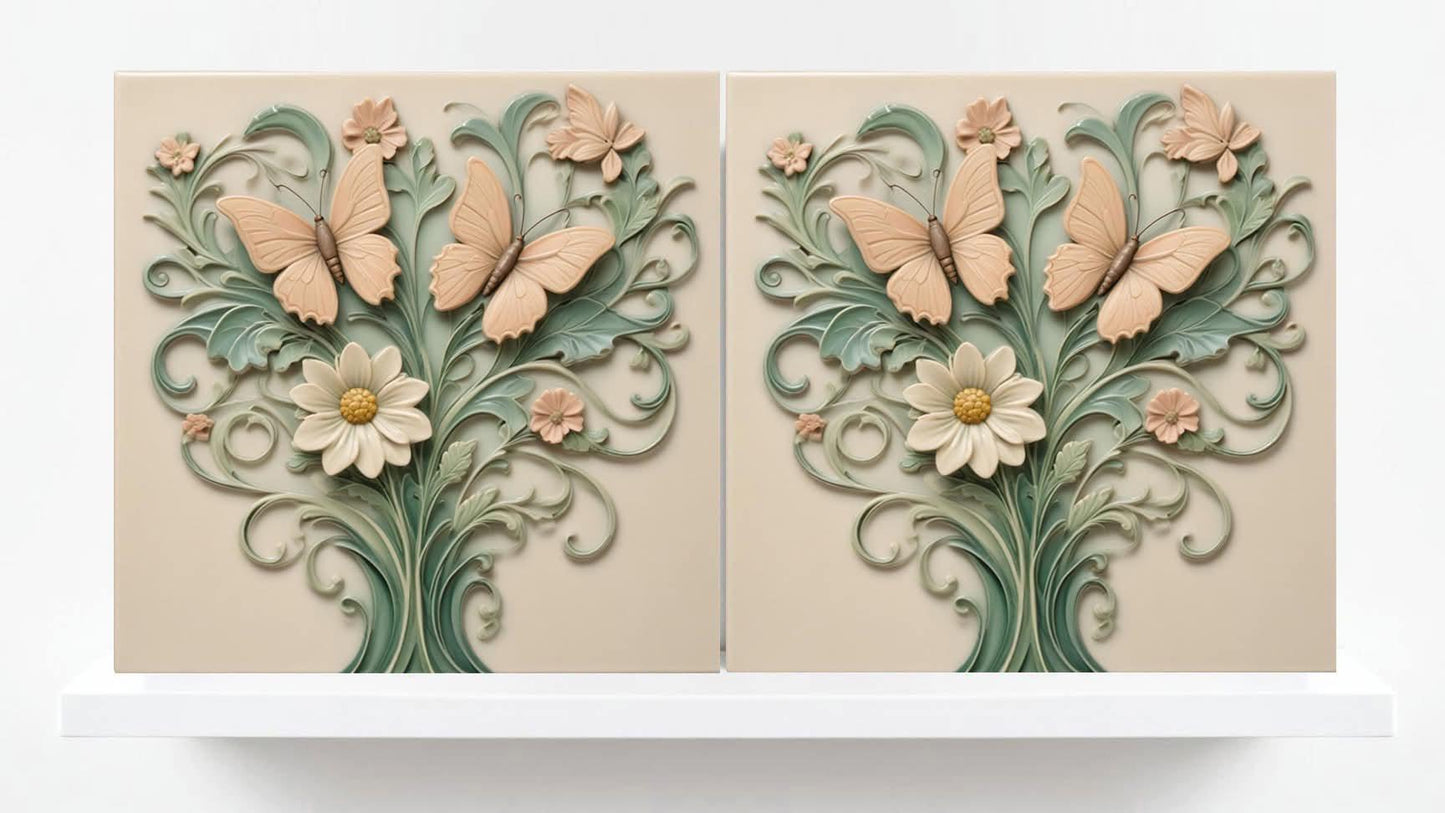 Butterfly Tile - Set of 2 Green Art Nouveau Botanical Tiles Wall Decor print -Kitchen Backsplash,Bathroom, Shower,Sink Splashback,Fireplace