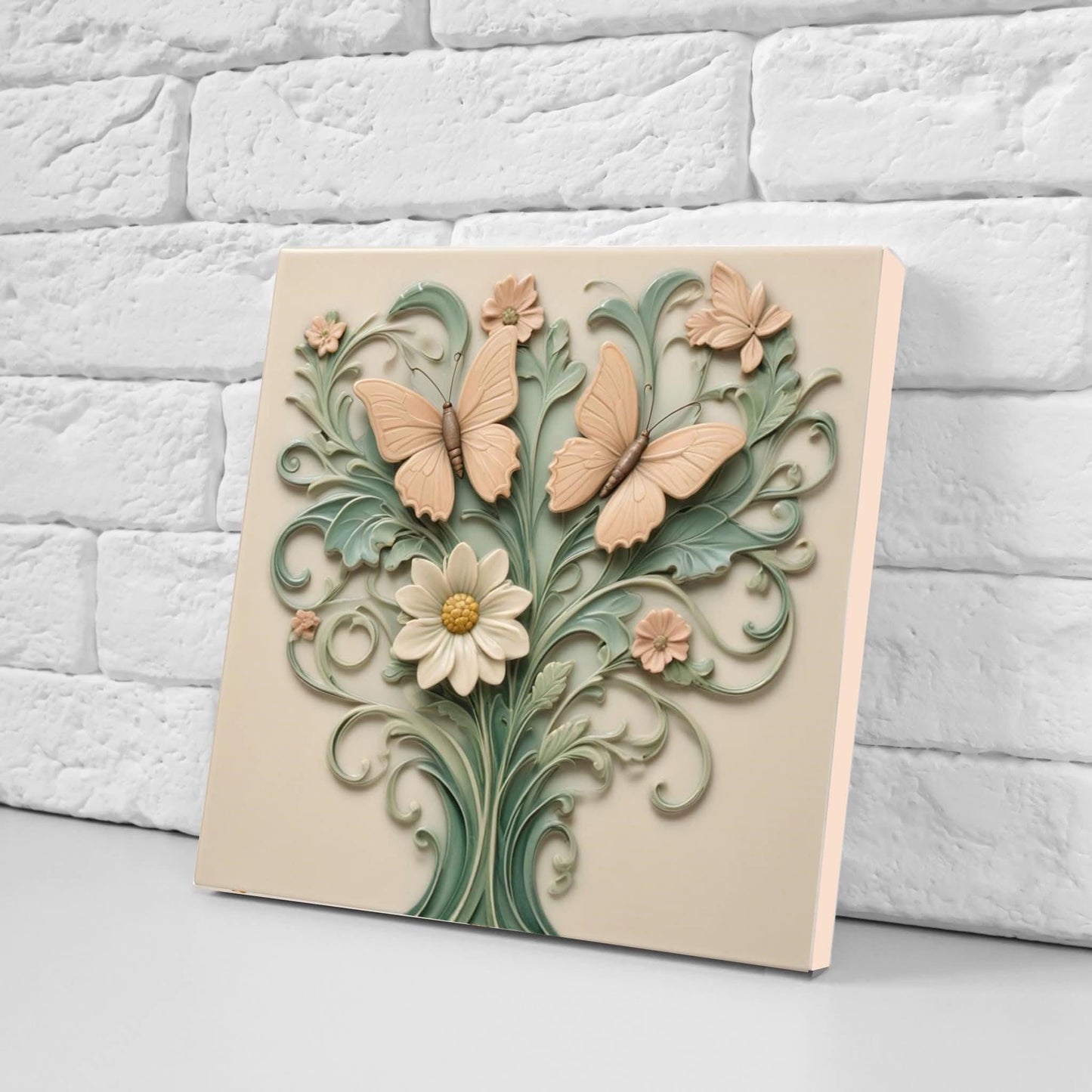 Butterfly Tile - Set of 2 Green Art Nouveau Botanical Tiles Wall Decor print -Kitchen Backsplash,Bathroom, Shower,Sink Splashback,Fireplace