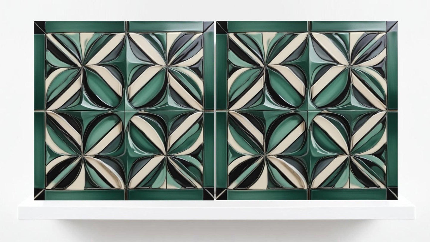 Art Deco Ceramic Tiles Green-Set of 2 Art Deco Wall Decor Geometric Tiles-Kitchen Backsplash,Sink Splashback,Bathroom, Shower Wall,Fireplace