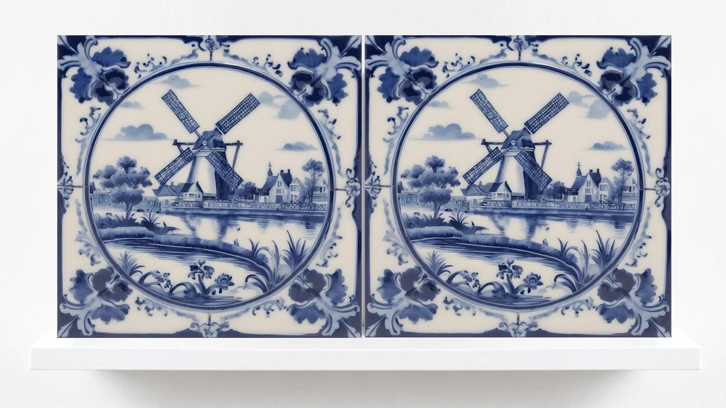 Delft Windmill Blue Ceramic Tile - Set of 2 Delftware Tiles-Delft Blue Ceramic Windmills - Delft Prints- Kitchen Backsplash,Sink,Bathroom