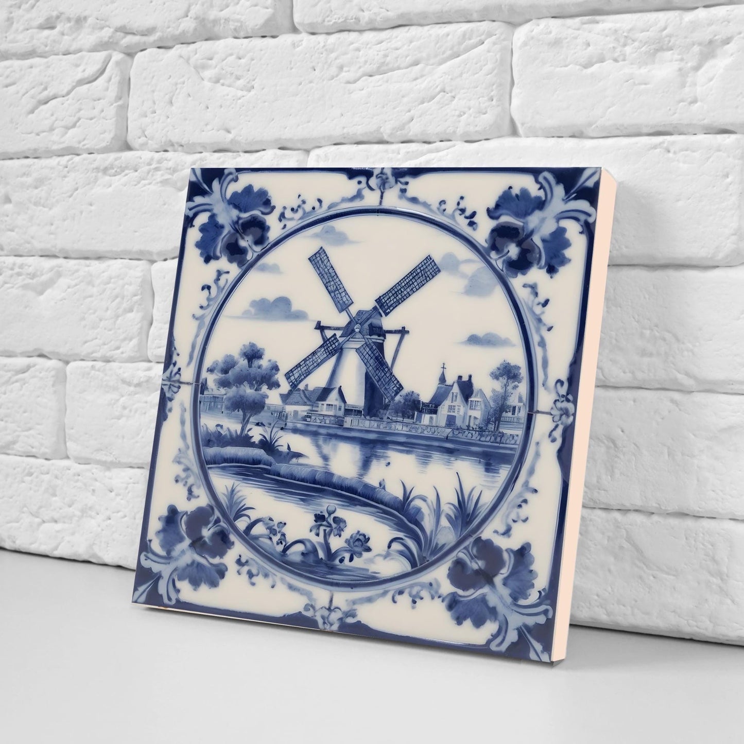 Delft Windmill Blue Ceramic Tile - Set of 2 Delftware Tiles-Delft Blue Ceramic Windmills - Delft Prints- Kitchen Backsplash,Sink,Bathroom