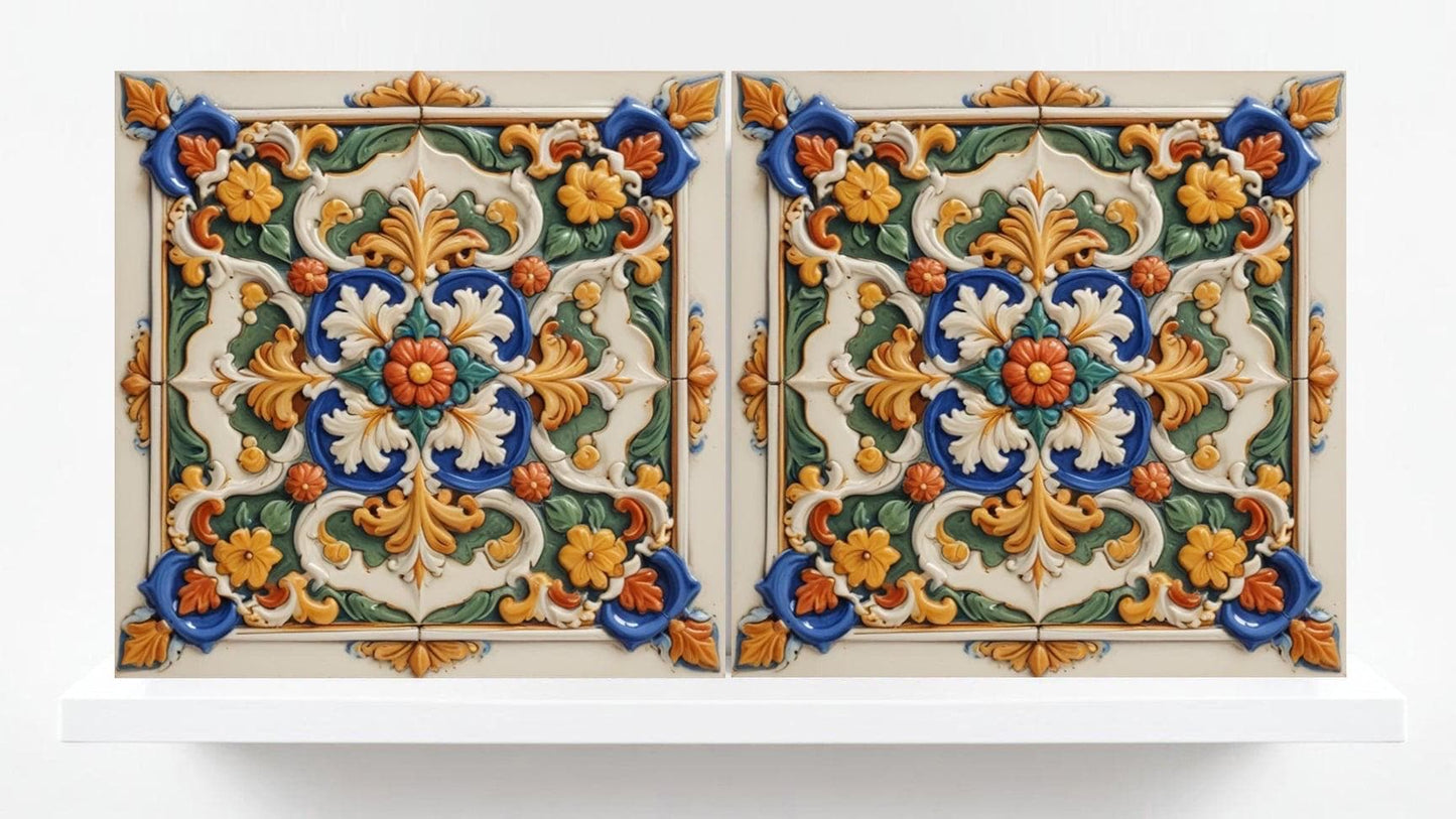Italian Majolica Floral Tiles - Set of 2 Sicilian Flower Wall Decor -Kitchen Backsplash,Bathroom, Shower Wall,Fireplace,Sink Splashback