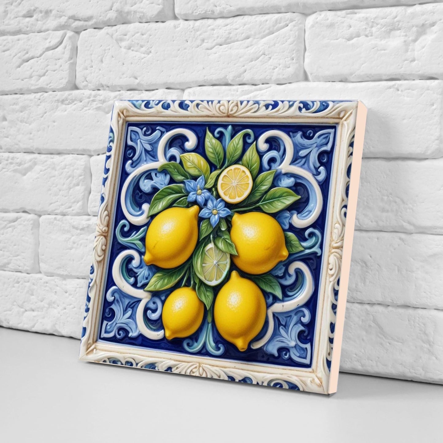 Italian Majolica Lemon Tiles - Set of 2 Mediterranean Wall Decor Tiles -Kitchen Backsplash,Bathroom,Shower Wall,Fireplace,Sink Splashback