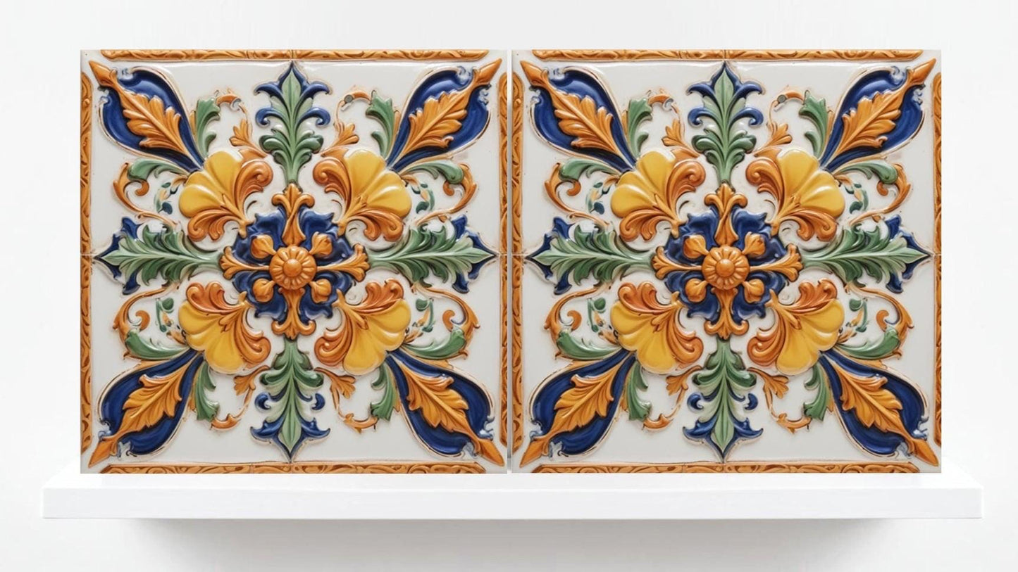 Italian Majolica Tiles - Set of 2 Sicilian Wall Decor Tile - Kitchen Backsplash, Sink Splashback,Bathroom,Shower Wall Art,Fireplace,Coaster