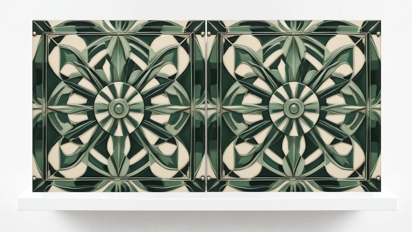 Art Deco Ceramic Tiles Green-Set of 2 Retro Wall Decor Geometric Tiles -Kitchen Backsplash,Shower,Bathroom Wall,Sink Splashback,Fireplace