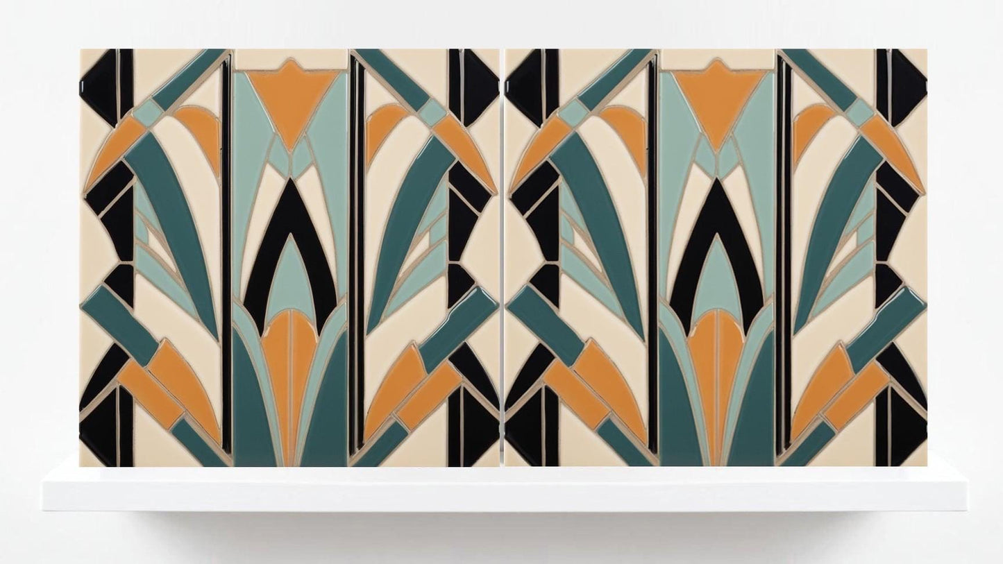 Art Deco Ceramic tiles - Set of 2 Art Deco Wall Decor Geometric Tiles - Kitchen Backsplash, Bathroom, Shower Wall,Sink Splashback, Fireplace