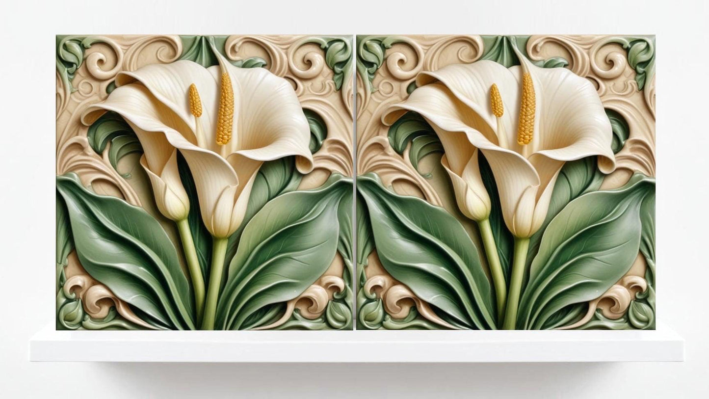 Calla Lily Tile Art Nouveau Tiles - Set of 2 - Flower Botanical Art Flat Print Ceramic Tiles -Kitchen Backsplash, Bathroom,Sink Splashback