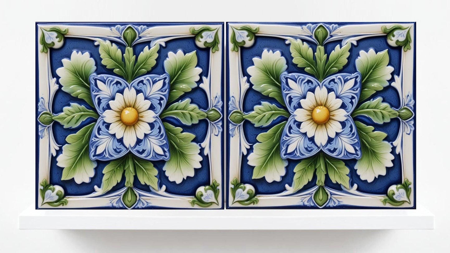 Italian Majolica Tiles Flower -Set of 2 Sicilian Wall Decor Tiles-Kitchen Backsplash Tiles, Sink Splashback,Bathroom,Shower Wall Art,Coaster