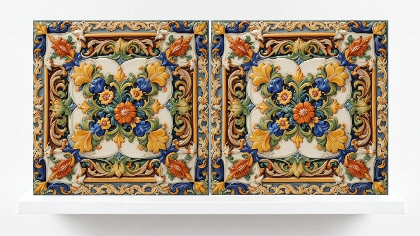 Italian Majolica Floral Tiles -Set of 2 Sicilian Tiles flower Wall Decor -Kitchen Backsplash,Bathroom, Shower Wall,Fireplace,Sink Splashback