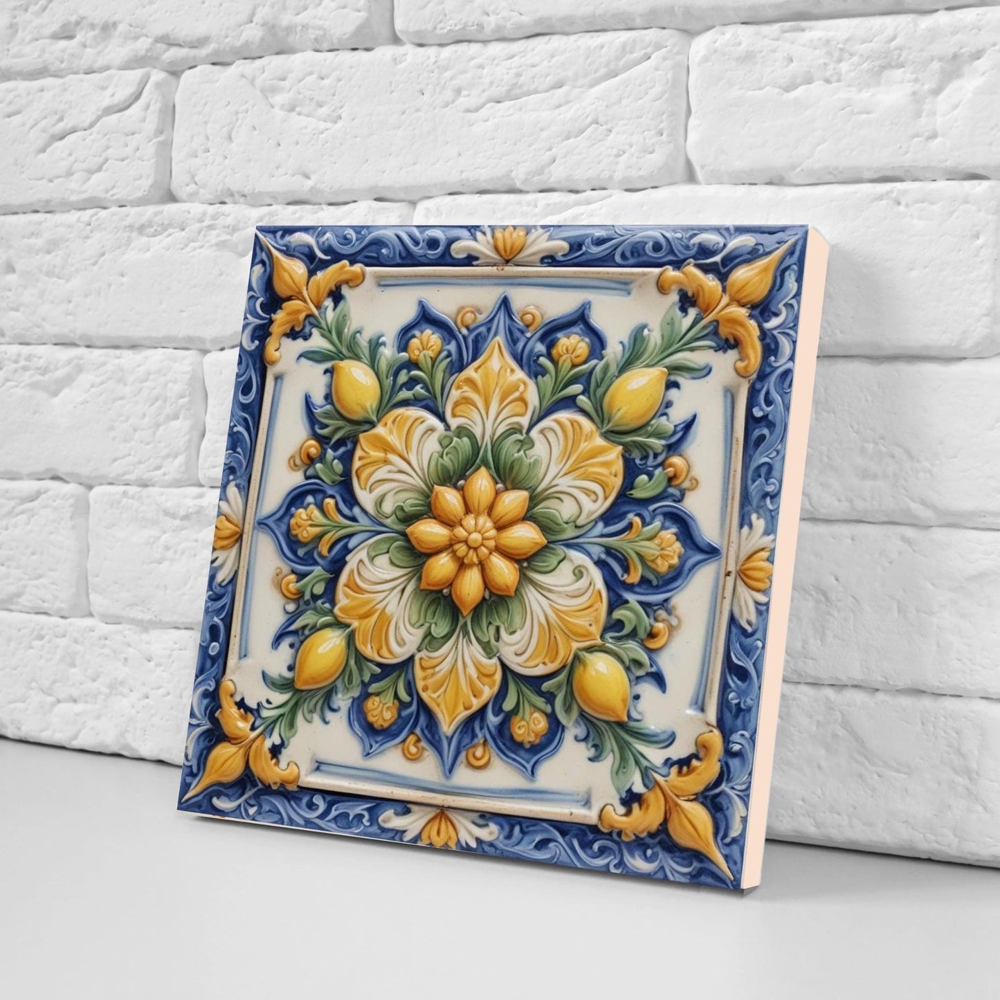 Italian Majolica Tiles Flower -Set of 2 Sicilian Wall Decor Tiles-Kitchen Backsplash Tiles, Sink Splashback,Bathroom,Shower Wall Art,Coaster