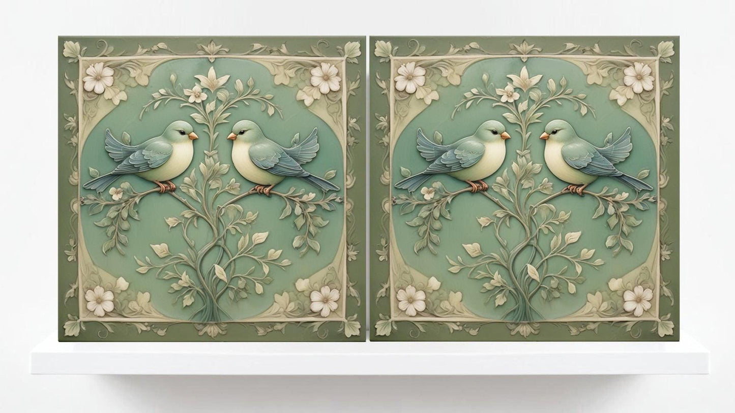 Art Nouveau Green Bird and Flower Ceramic tiles -Set of 2 Botanical Tiles Birds Wall Decor ,Birds Tiles -Kitchen Backsplash Tiles,Bathroom