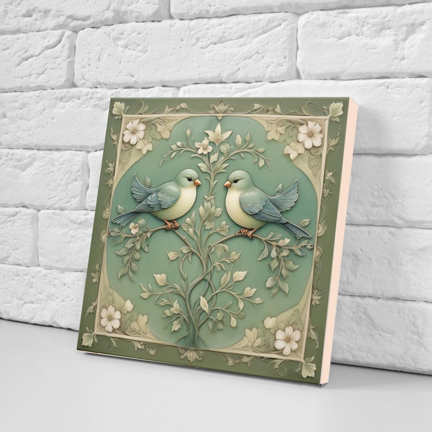 Art Nouveau Green Bird and Flower Ceramic tiles -Set of 2 Botanical Tiles Birds Wall Decor ,Birds Tiles -Kitchen Backsplash Tiles,Bathroom