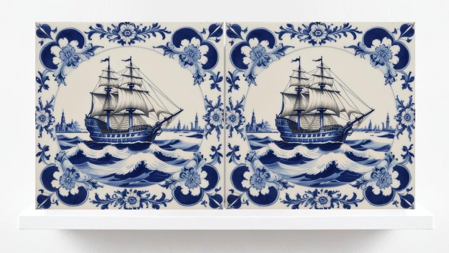 Delft Blue Ceramic Tile - Set of 2 Ceramic Delftware Tiles-Delft Tile with Ship - Delft Prints- Kitchen Backsplash,Sink,Bathroom,Shower Wall