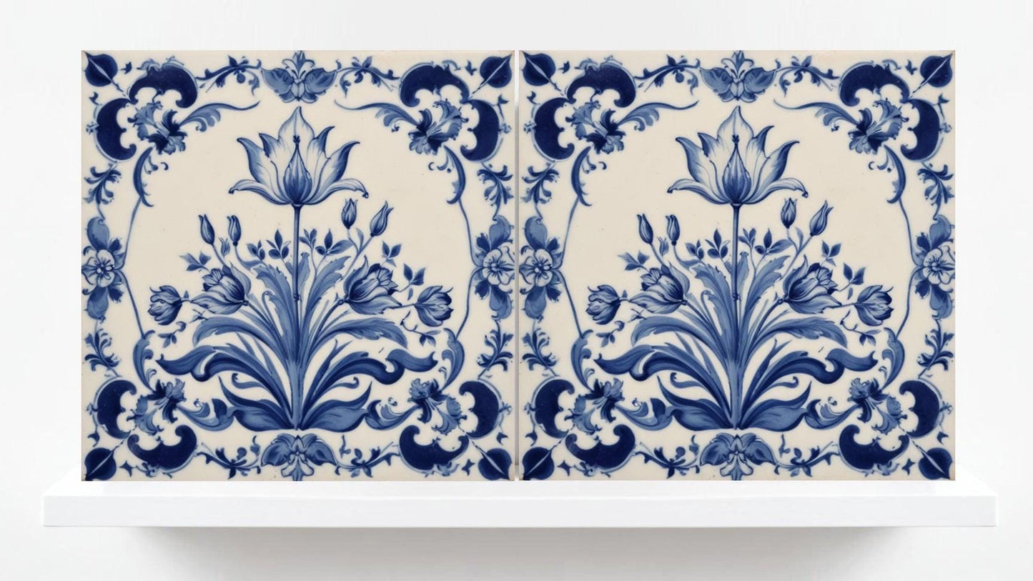 Delft Tulip Tile - Delft Blue Tile - Set of 2 Ceramic Delftware Tiles- Flower Tiles - Delft Prints Wall - Kitchen Backsplash, Sink,Bathroom