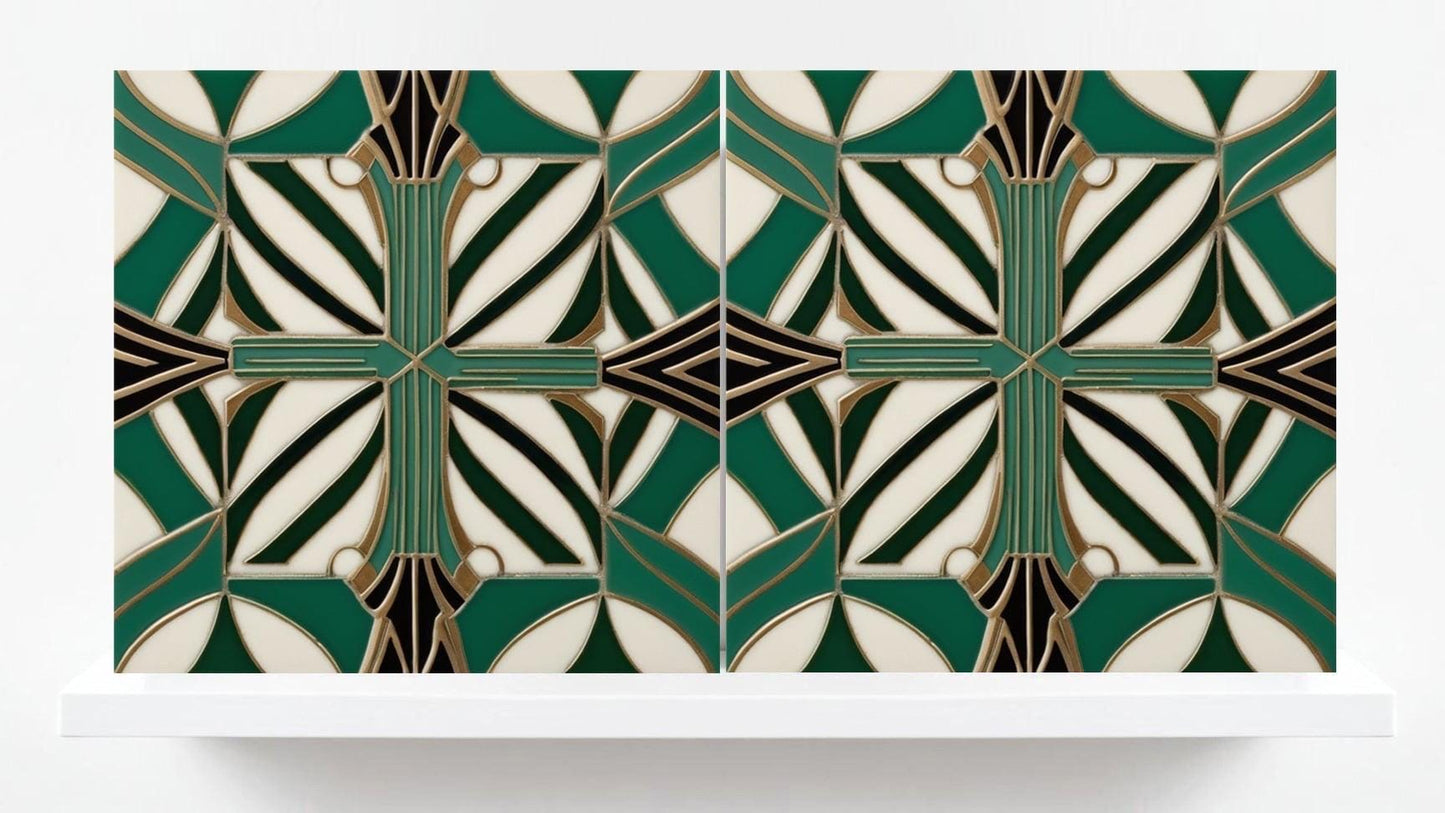 Art Deco Ceramic Tiles Green-Set of 2 Art Deco Wall Decor Geometric Tiles -Kitchen Backsplash,Shower,Bathroom Wall,Sink Splashback,Fireplace