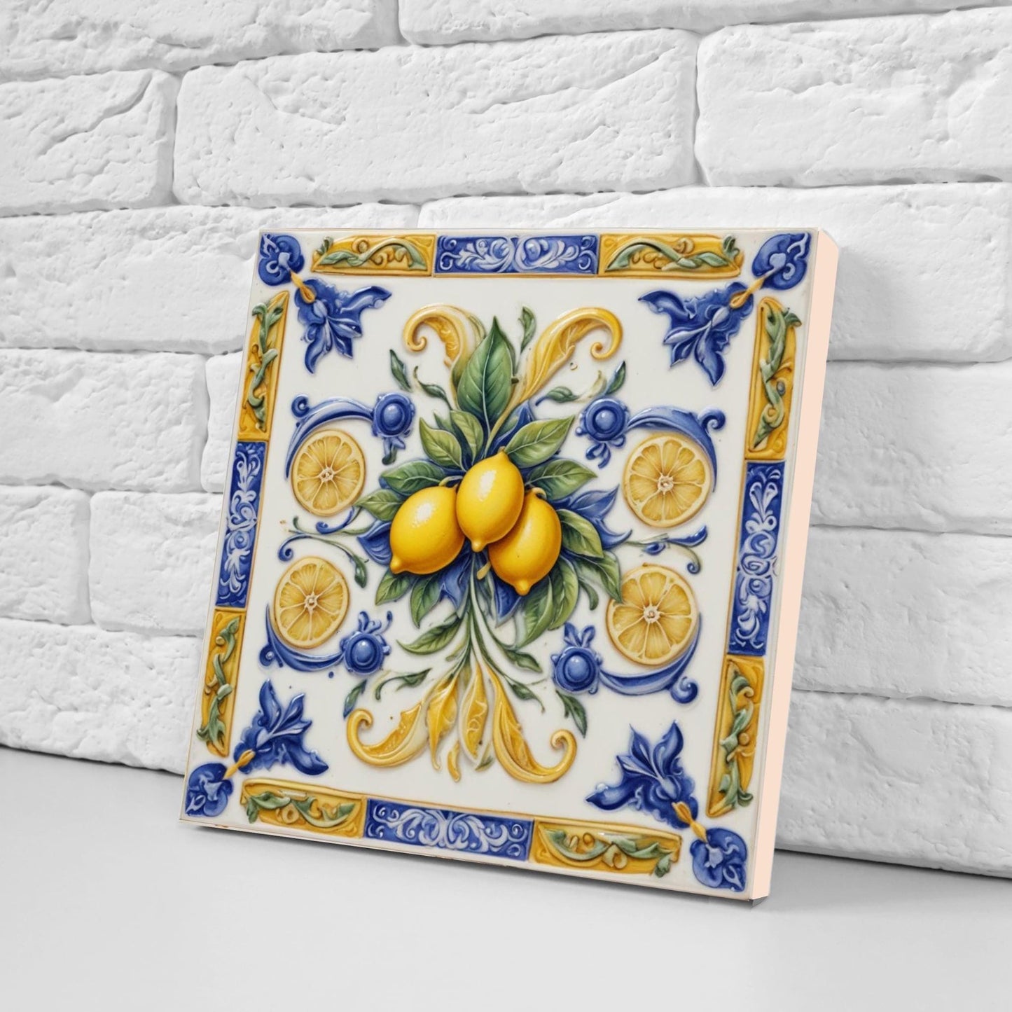 Italian Majolica Lemon Tiles - Set of 2 Mediterranean Wall Decor Tiles - Kitchen Backsplash Tiles, Shower,Bathroom Wall, Coaster, Sink Splas