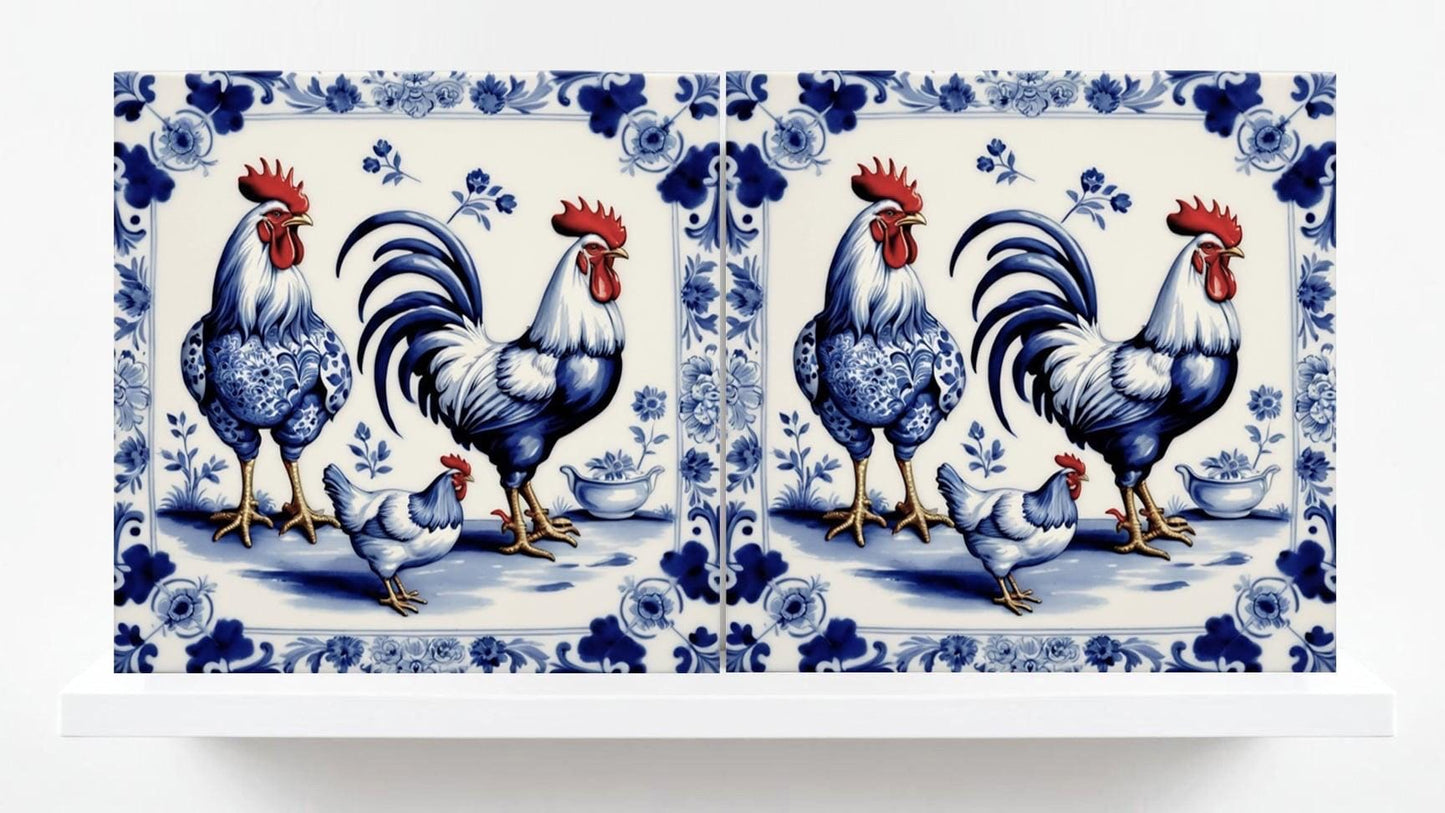 Rooster Tile-Delft Bird-Dutch Blue Ceramic Tile - Set of 2 Ceramic Delftware Tiles-Delft Prints-Kitchen Backsplash,Sink,Bathroom,Shower Wall