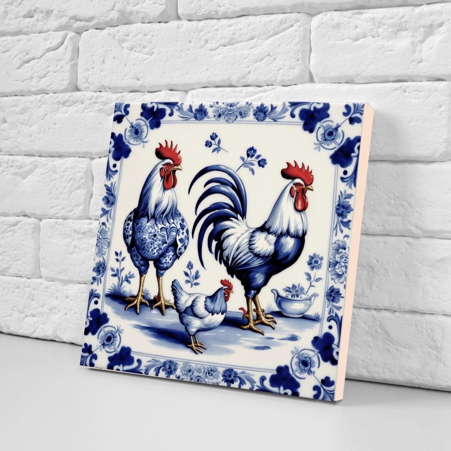 Rooster Tile-Delft Bird-Dutch Blue Ceramic Tile - Set of 2 Ceramic Delftware Tiles-Delft Prints-Kitchen Backsplash,Sink,Bathroom,Shower Wall