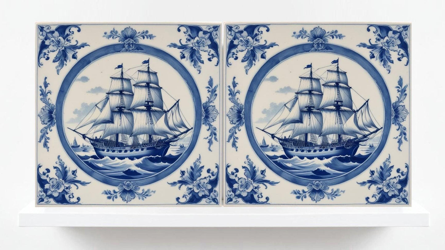 Delft Blue Ceramic Tile - Set of 2 Ceramic Delftware Tiles-Delft Tile with Ship - Delft Prints- Kitchen Backsplash,Sink,Bathroom,Shower Wall
