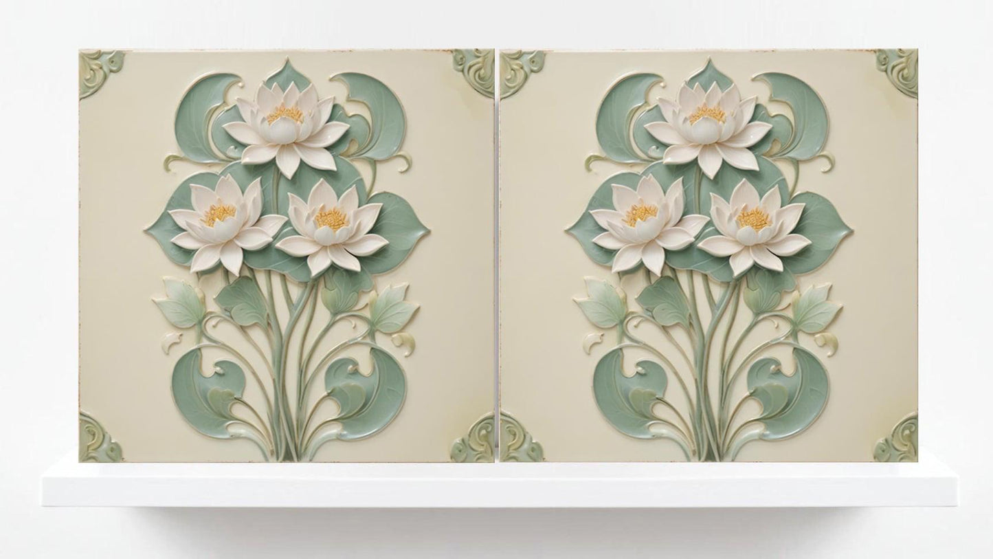 Lotus Tile Art Nouveau Flower Ceramic Tiles-Set of 2 Art Nouveau Wall Decor Tiles - Kitchen Backsplash Tiles,Shower,Bathroom,Sink Splashback