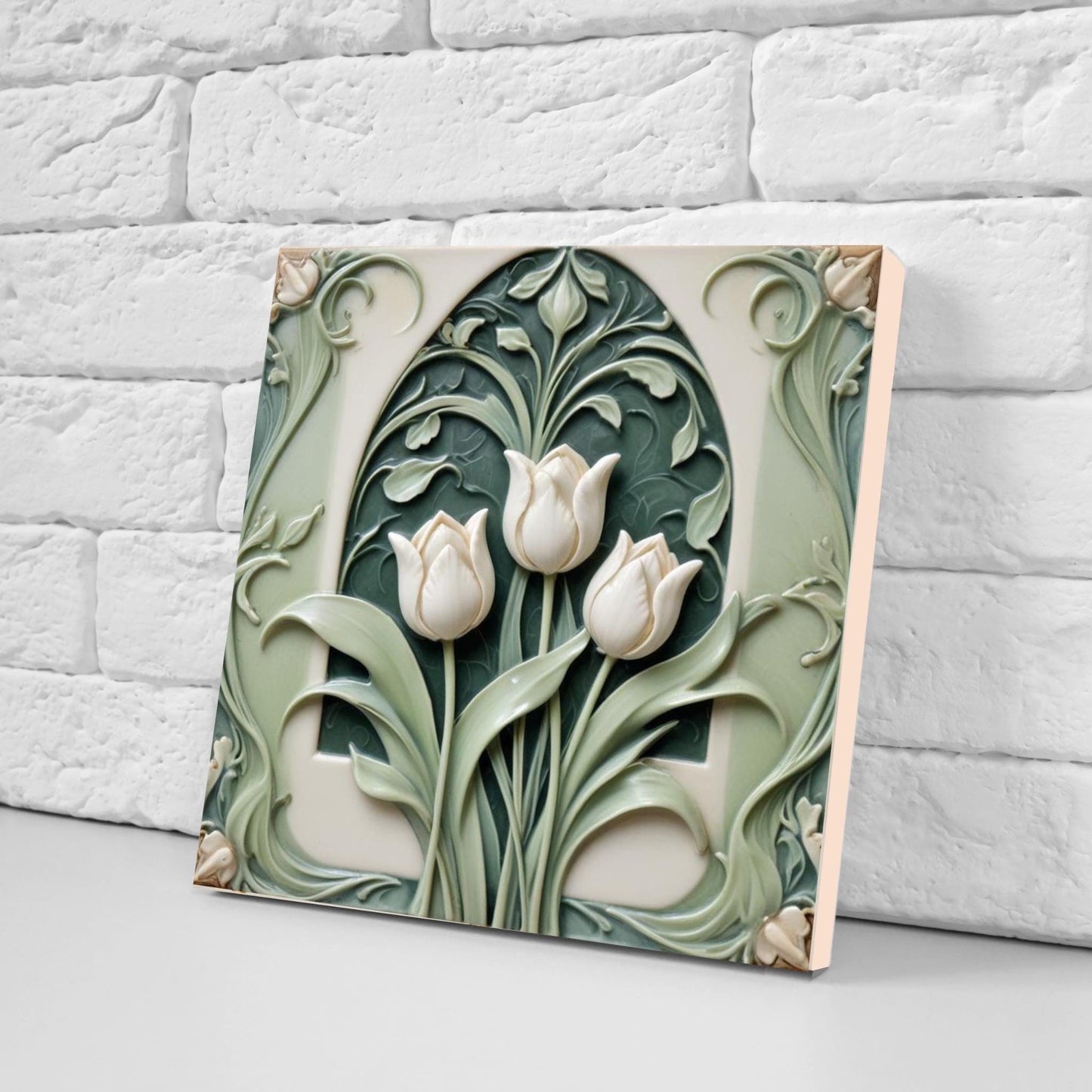 Tulip Tile Art Nouveau Flower Ceramic Tiles - Set of 2 Art Nouveau Green Wall Decor Tiles - Kitchen Backsplash Tiles, Bathroom, Shower, Sink