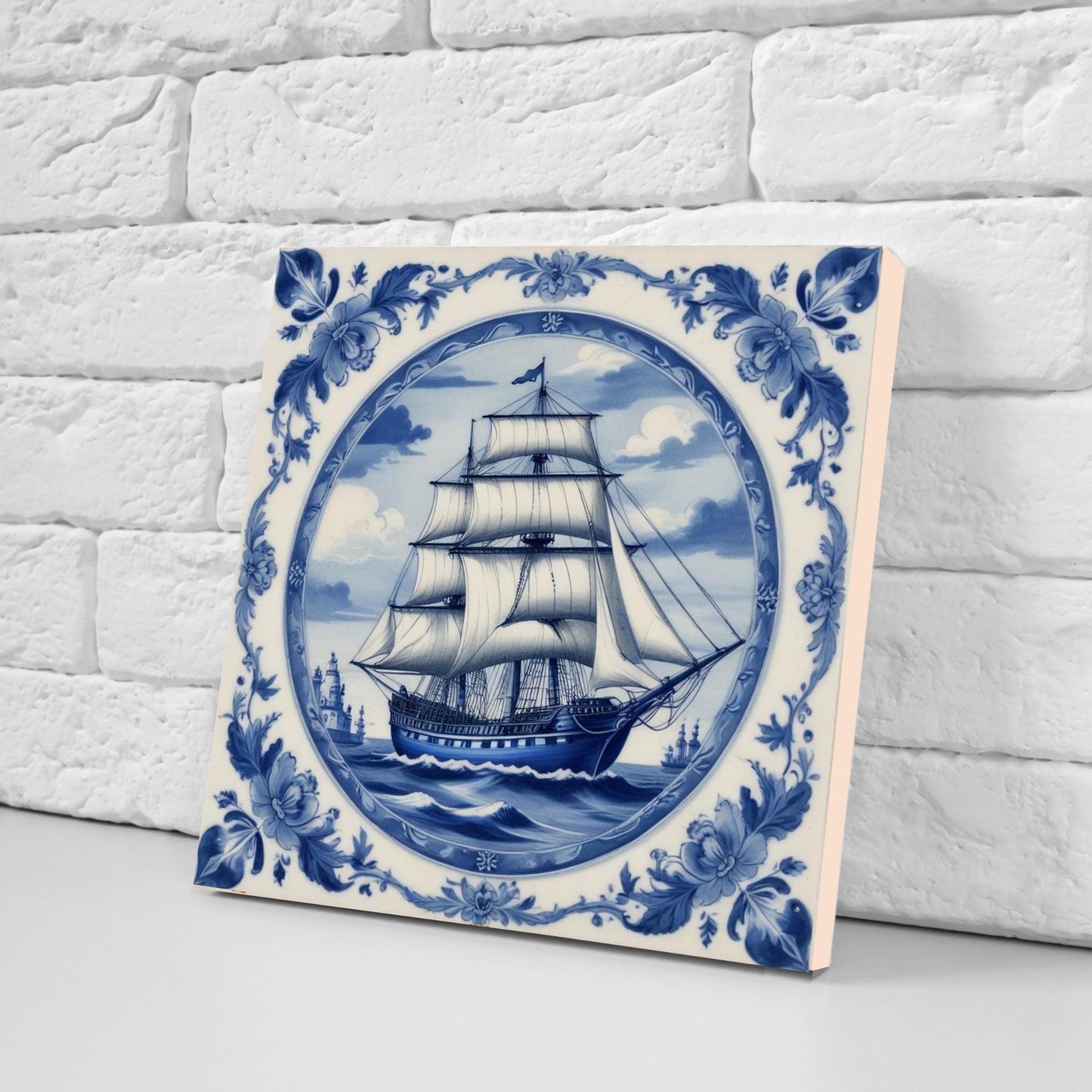 Delft Blue Ceramic Tile - Set of 2 Ceramic Delftware Tiles-Delft Tile with Ship - Delft Prints- Kitchen Backsplash,Sink,Bathroom,Shower Wall