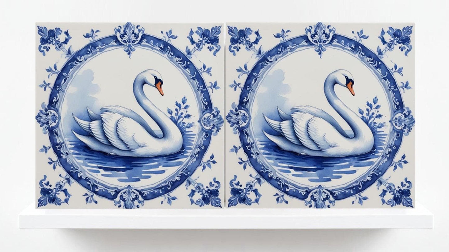 Delft Blue Tile Animal - Bird Tile - Set of 2 Ceramic Delftware Tiles-Delft Prints-Swan Tile - Kitchen Backsplash,Sink,Bathroom,Shower Wall